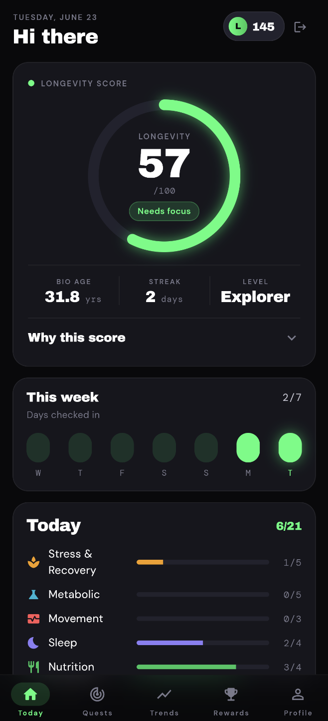 LongevityLab app showing your longevity score and daily progress